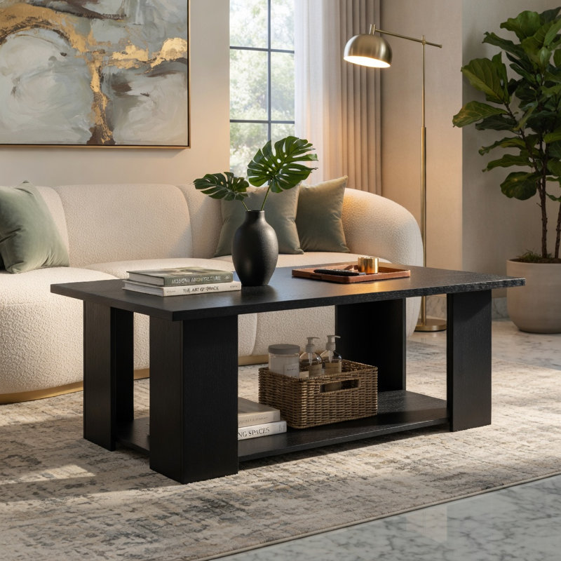 Table basse moderne en bois d'ingénierie à 2 niveaux avec tablette de rangement ouverte Hommoo, 41 po, noir, Black