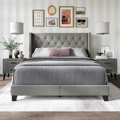 Castle Place Twin Wingback Bed Set with Two Nightstands, Light Grey Linen