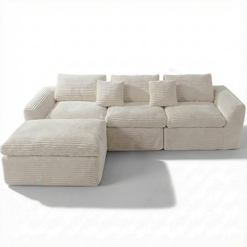 Canapé modulaire Kelffa Boneless de 108 pouces avec mousse haute densité et méridienne interchangeable, Blanc cassé