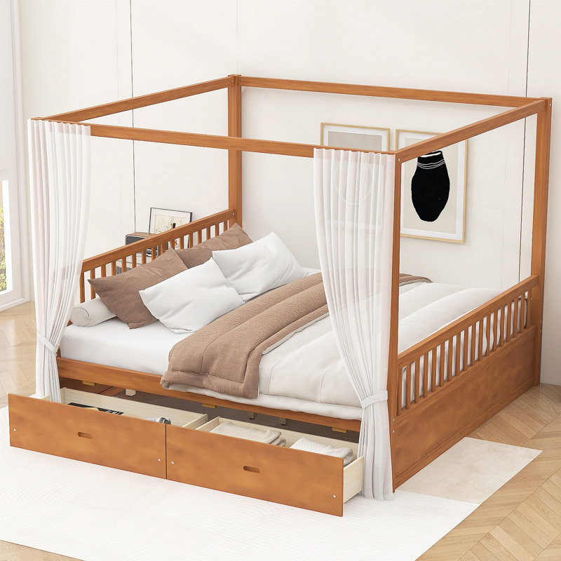 Lit à baldaquin en bois avec tiroirs de rangement, très grand, noyer, King, Walnut