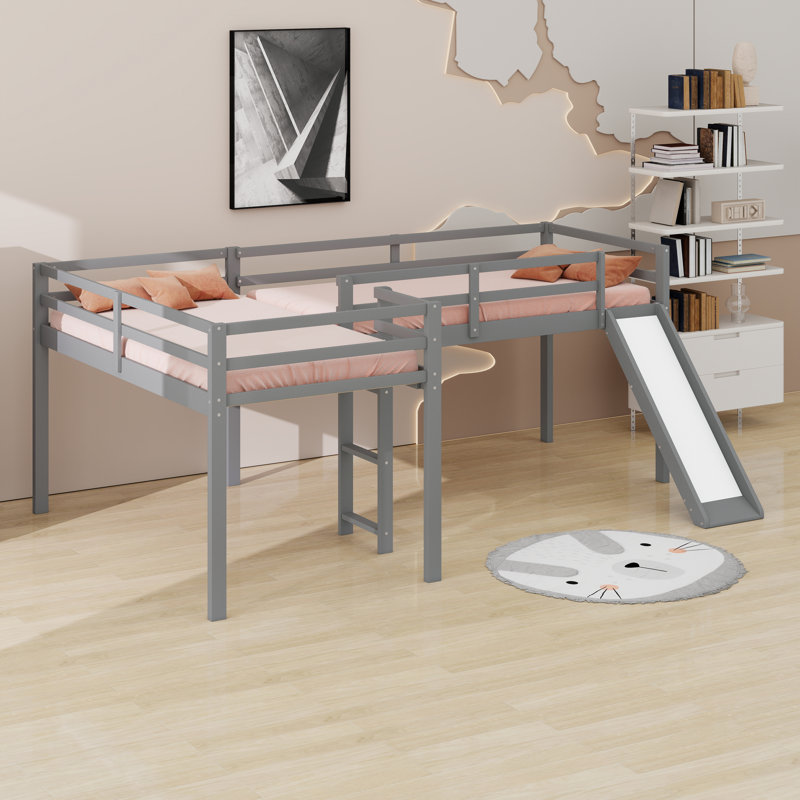 Space-Saving Designed L-Shaped Loft Bed With Ladder And Slide, Grey