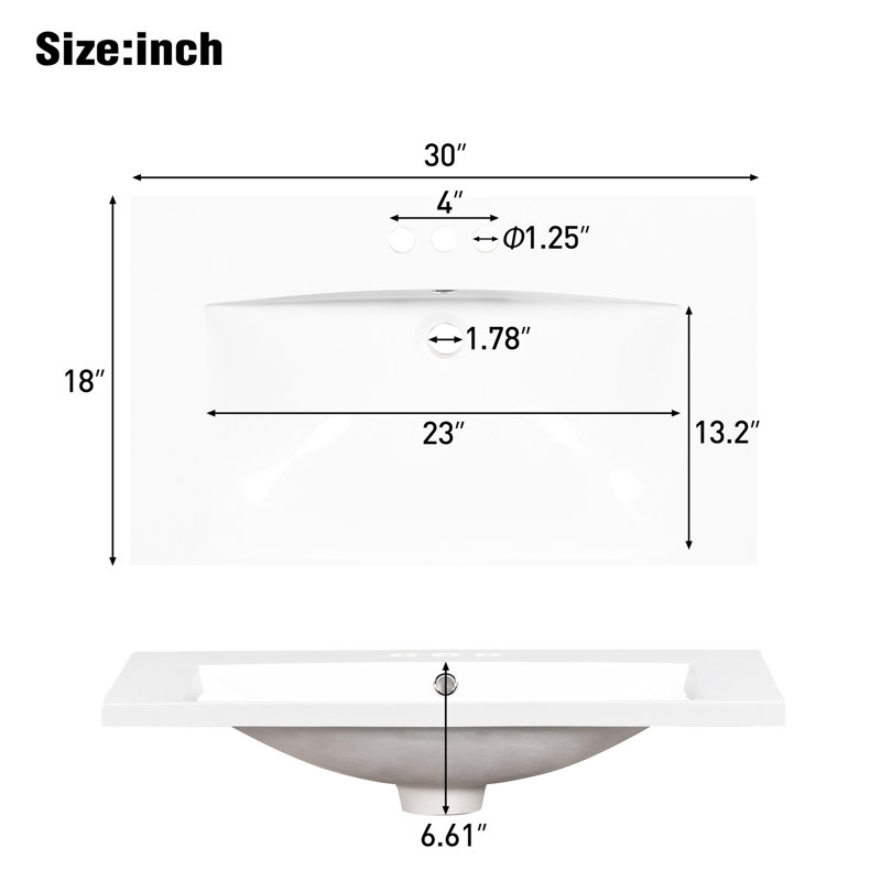 Dessus de meuble-lavabo simple 30 po. Fabriqué en résine, solide et fiable. 3 trous. Surface lisse pour une hygiène facile d'entretien. Pour les armoires. Blanc. Largeur de 18,42 po, hauteur de 6,68 po.