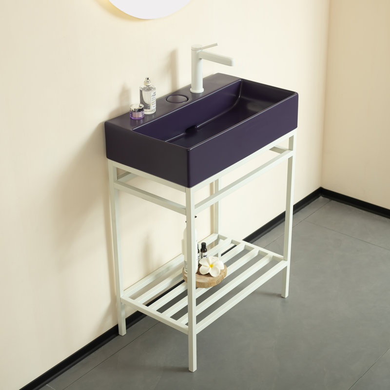 Lofi 24" Bathroom Vanity With Ceramic Basin, Freestanding Bathroom Console Sink Set, White Rectangular Ceramic Basin Without Faucet, Open Metal Leg, Storage Shelves