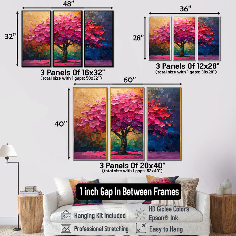 Pink Blue Vibrant Cherry Tree Of Life I - Cherry Blossom Wall Art Living Room Set, Toile avec cadre flottant or