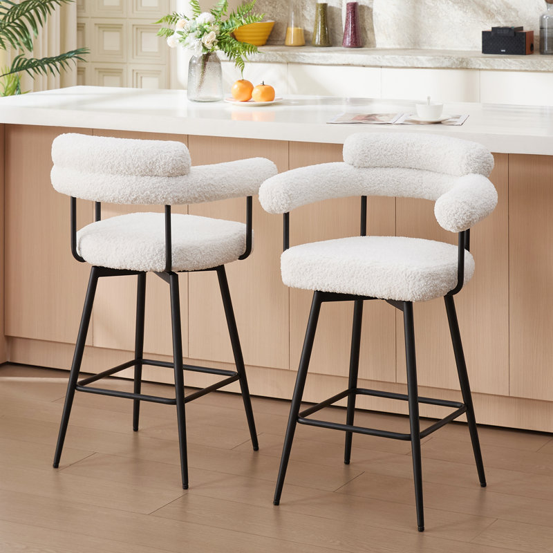 Kiylan Swivel Upholstered 26.7" Sherpa Counter Stool with Curved Wing Back and Metal Frame, Sherpa White