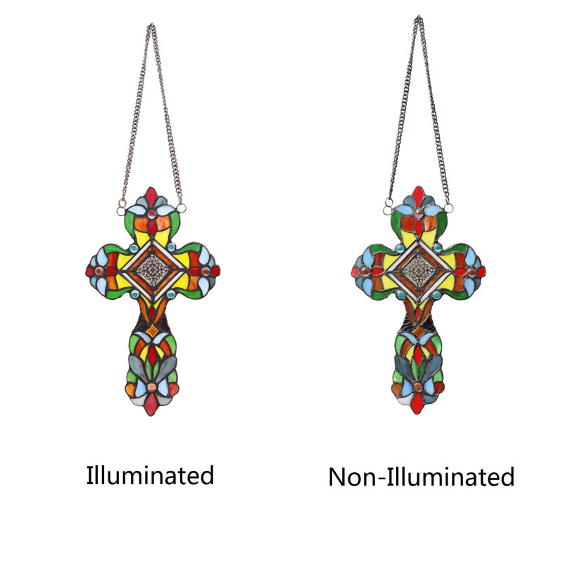 Adelina Victorian Tiffany-Style Stained Glass Cross Panel with Chain