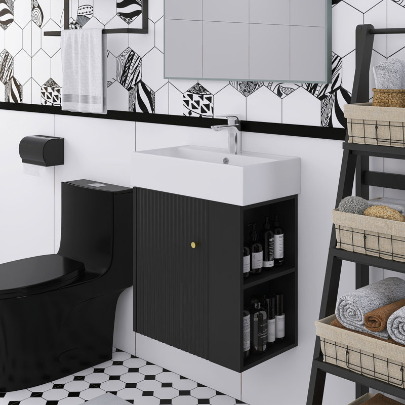 Meuble-lavabo mural de 22 po avec lavabo en céramique et rangement à droite, Noir