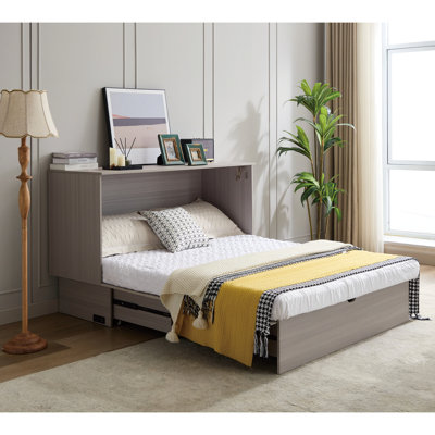 Lit moderne avec tiroir de rangement, grand matelas et connecteur de charge, compartiment de taille grise, moyeu pliant