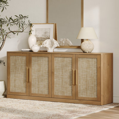 Buffet bohème en rotin à 4 portes de 170 cm (67 po), meuble de rangement spacieux avec charnières à fermeture silencieuse pour salon, entrée ou cuisine. Disponible en chêne et caramel.