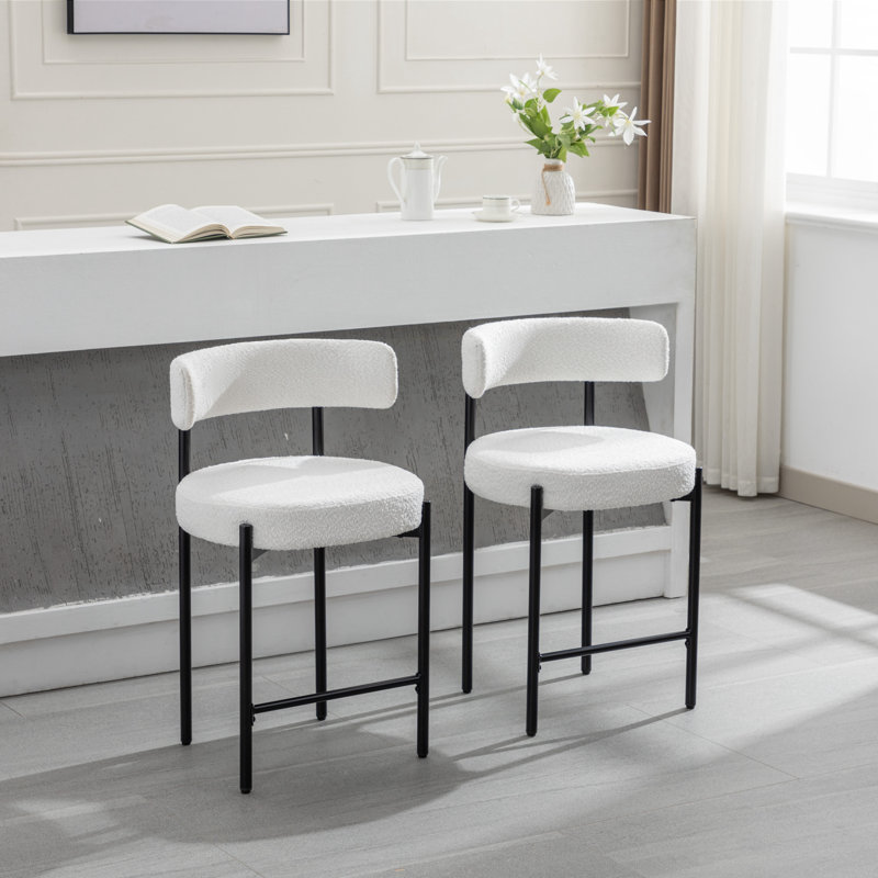 24'' White Boucle and Metal Counter Height Bar Stools, Set of 3