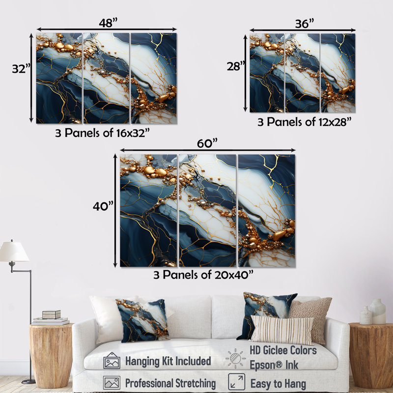 Encre de marbre dorée et bleue - Art mural en marbre, Toile tendue, H 40 po x l 61 po x P 1 po