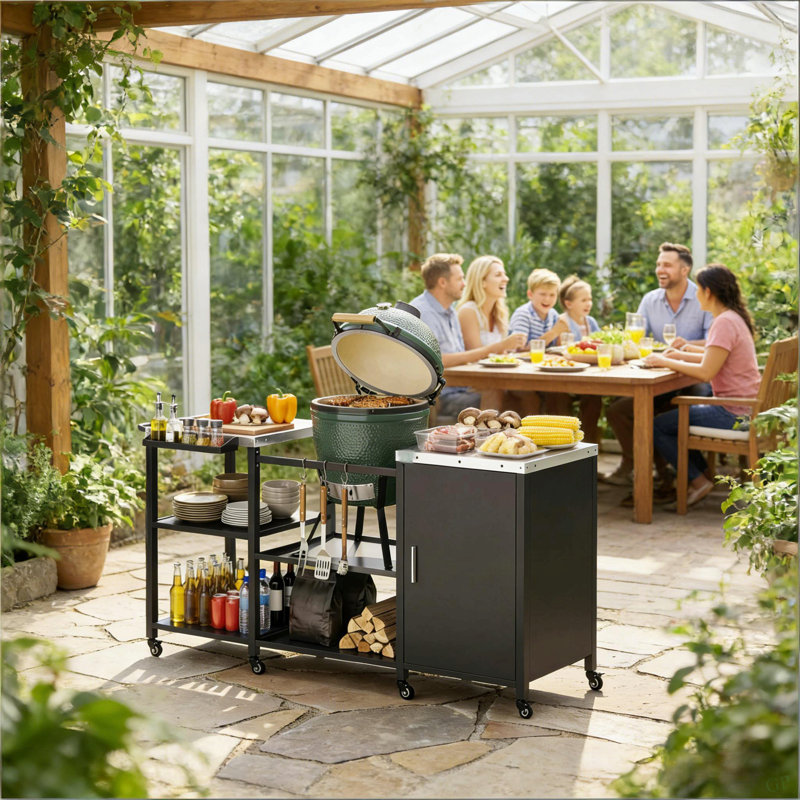 Table de préparation de barbecue en métal robuste, table de gril, chariot de gril (table de gril seulement, gril à gros œufs non inclus)