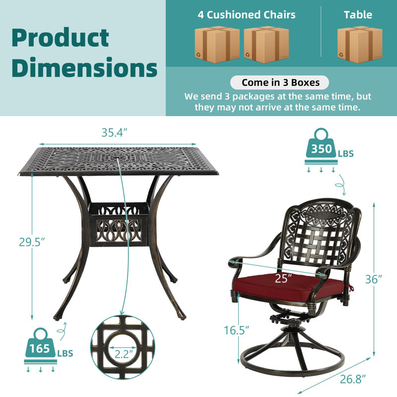  5-piece Outdoor Patio Dining Set, All-weather Cast Aluminum Patio Conversation Set With 4 Cushions Swivel Rocker Chairs For Backyard Garden Deck And 35.4" Square Table