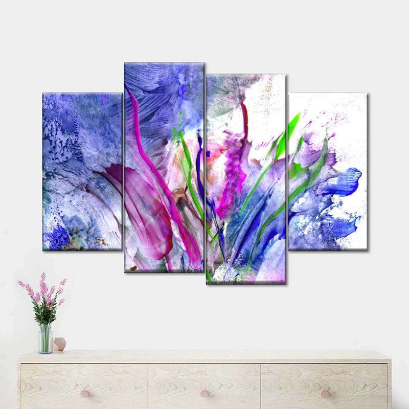 Ensemble de 4 fleurs abstraites sur toile, H 36 po x l 22 po x P 1 po