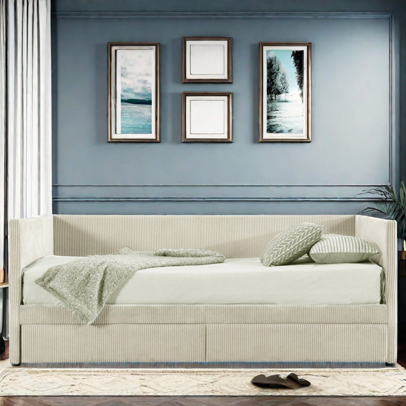 Iyania Daybed with Two Drawers and Wood Slat, Beige