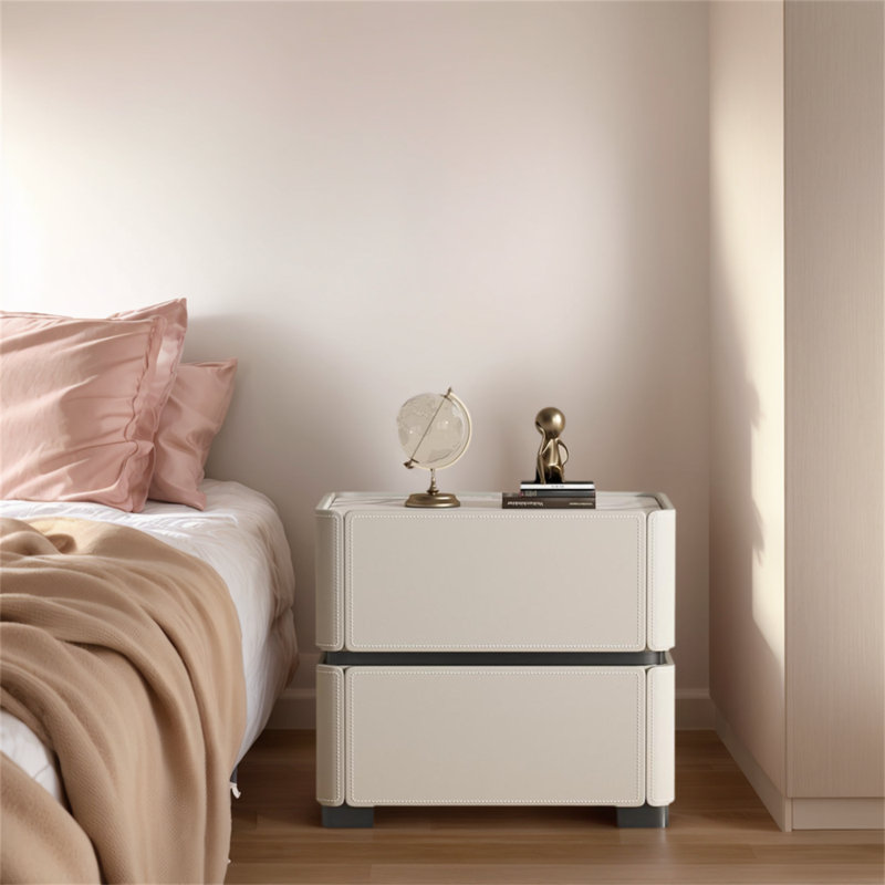 Modern Luxury Saddle Leather Double-Drawer Nightstand, Italian Minimalist Bedroom Storage Side Cabinet 