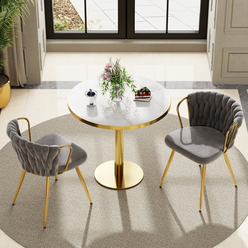 Ensemble de table de salle à manger ronde avec table ronde de 31,5 po et chaises rembourrées en velours, 3, White, Grey