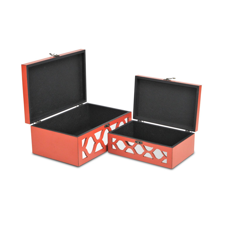 Eziah Fir Wood Mirrored Decorative Boxes (Set of 2), Burnt Dark Orange