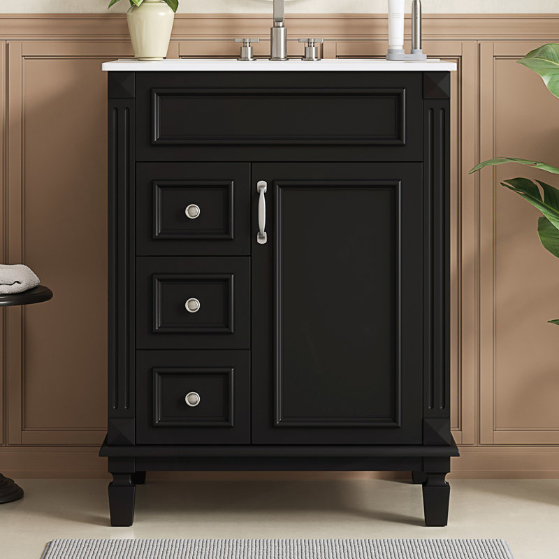 Meuble-lavabo de salle de bain avec lavabo en céramique, armoire moderne avec 2 tiroirs et tablette réglable, Noir