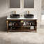 Meuble-lavabo de salle de bain 60 po Indigo, armoire de rangement autoportante en contreplaqué avec 4 portes rayées diagonales et tablette ouverte, 2 lavabos ovales en céramique noire et plateau en pierre frittée blanc de Carrare, grain de bois noyer foncé-130369470-130369472