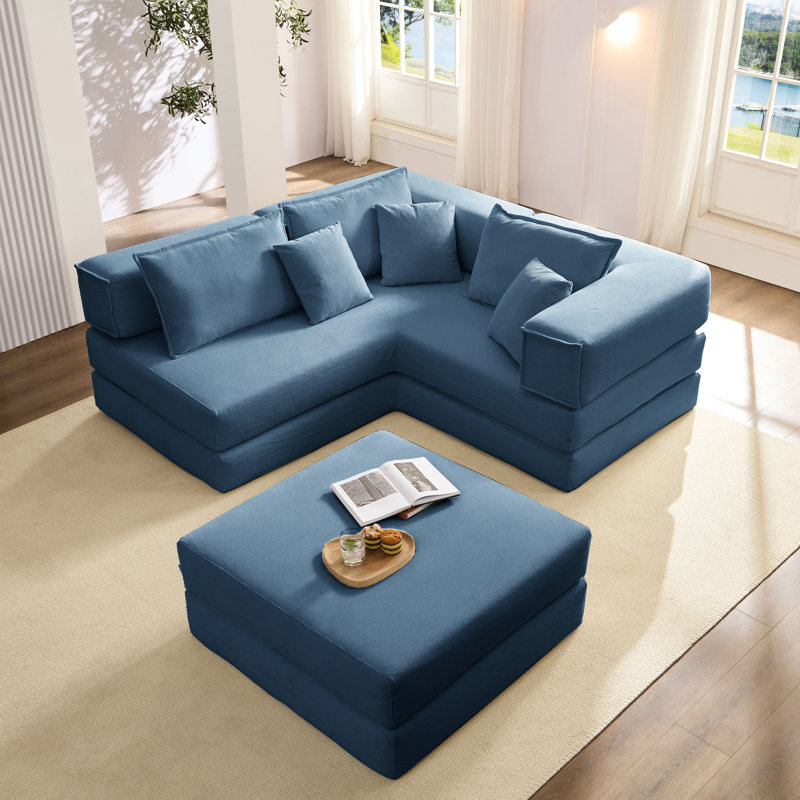 Canapé en L surdimensionné bleu rembourré en forme de L, conception modulaire, velours côtelé, mousse à haute densité, assemblage rapide en forme de 118,2 po, 6 coussins, lit convertible, élégant et confortable pour la maison