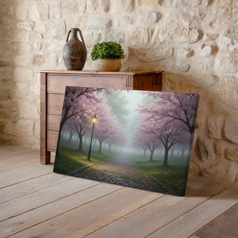 Toile, "Sereine Misty Pathway" méandres à travers un paysage tranquille encadré par Delicate Cherry Blossom Trees In Full Bloom, reproduction d'art sur toile