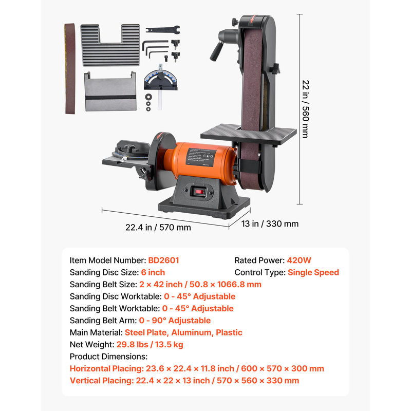 Ponceuse à disque de 6 po et ponceuse à bande de 2 po x 42 po, ponceuse à banc pour banc professionnel de 420 W avec plusieurs réglages d'angle pour le travail du bois, la finition de meubles et l'aiguisage de couteaux
