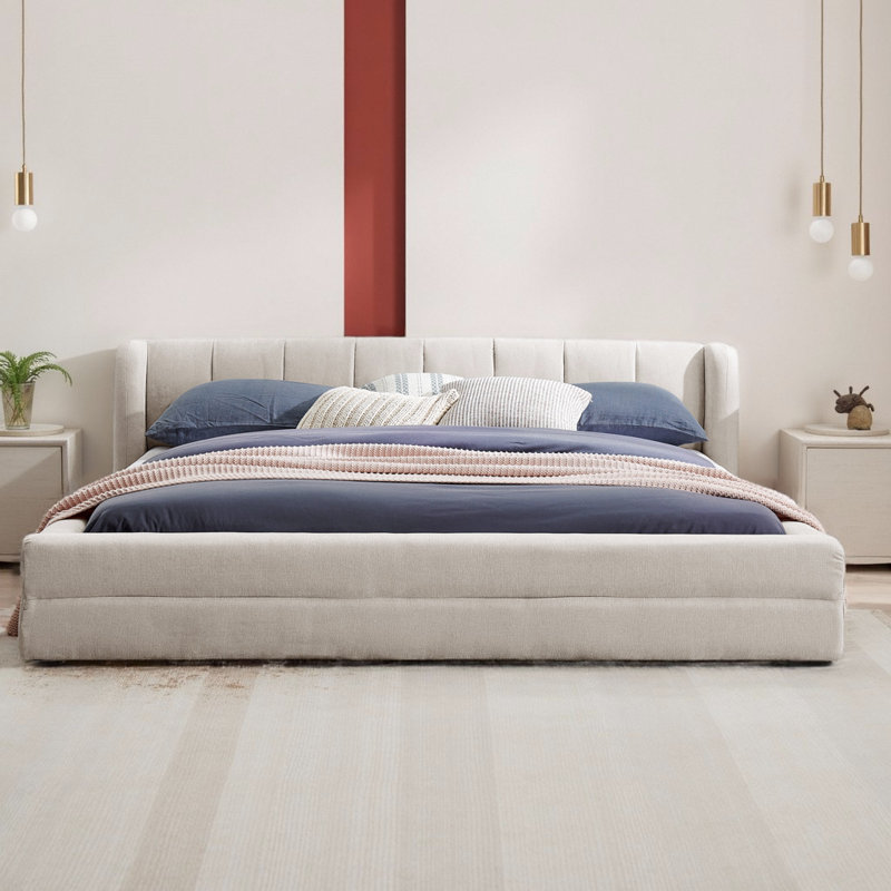 Grand lit plateforme tapissier - Structure de lit en chenille avec tête de lit, aucun sommier nécessaire, Beige