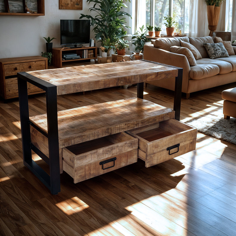40'' Mango Wood TV Stand with Storage Drawers and Black Metal Frame