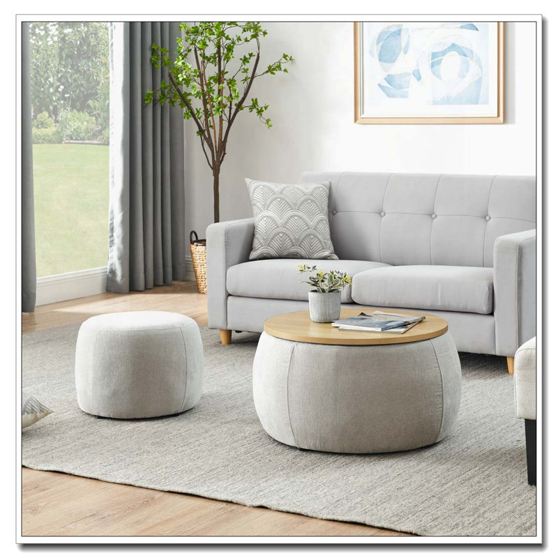 Repose-pieds rond avec rangement 2 en 1, table de bout convertible et repose-pieds avec petit siège, Gris clair