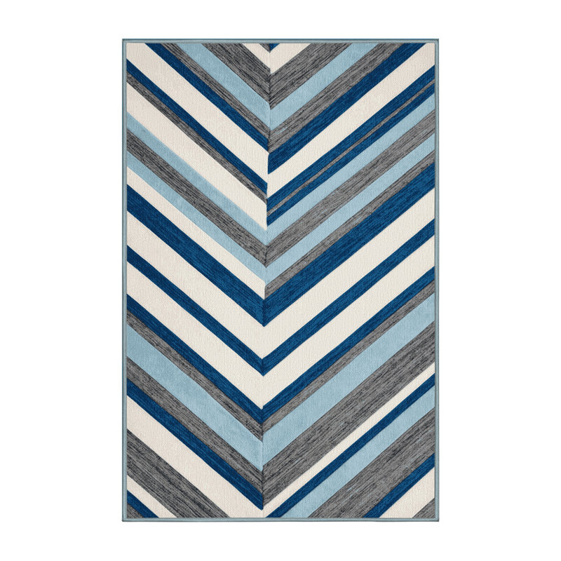  Tapis lavable rayé bleu clair et gris clair, Rectangle 5 pi x 7 pi