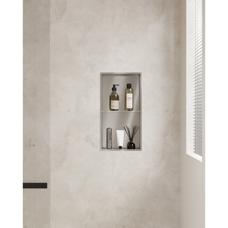 Niche de douche à deux tablettes l 13 po x H 25 po avec pente de drainage, aucune tuile requise, tablette de salle de bain encastrée en acier inoxydable, argent