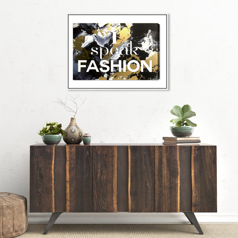 I Speak Fashion, Glam Fashion Splash Modern - art textuel, H 31 po x l 46 po, Cadre en bois blanc
