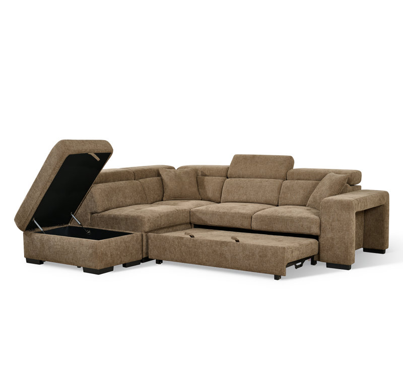 Corner Sofabed with Storage and Ottomans Amelia, Left Hand Facing, Brown Chenille