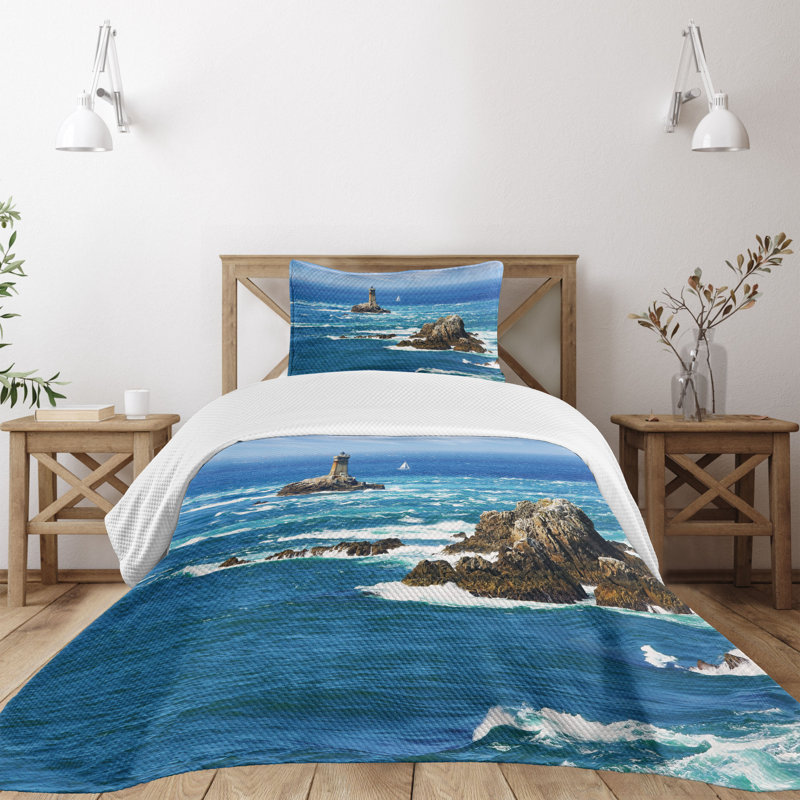 Twin Gray Ocean Quilted Bedspread Set with Pillow Sham