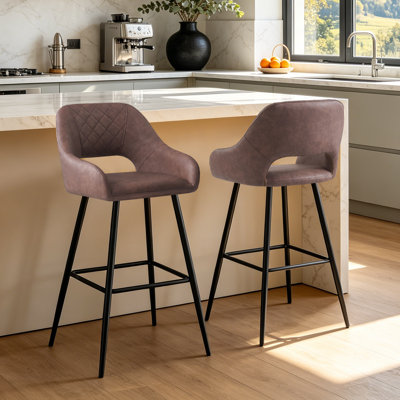 Faux Leather Upholstered Bar Stools with Armrests and Cut‑Out Backrest