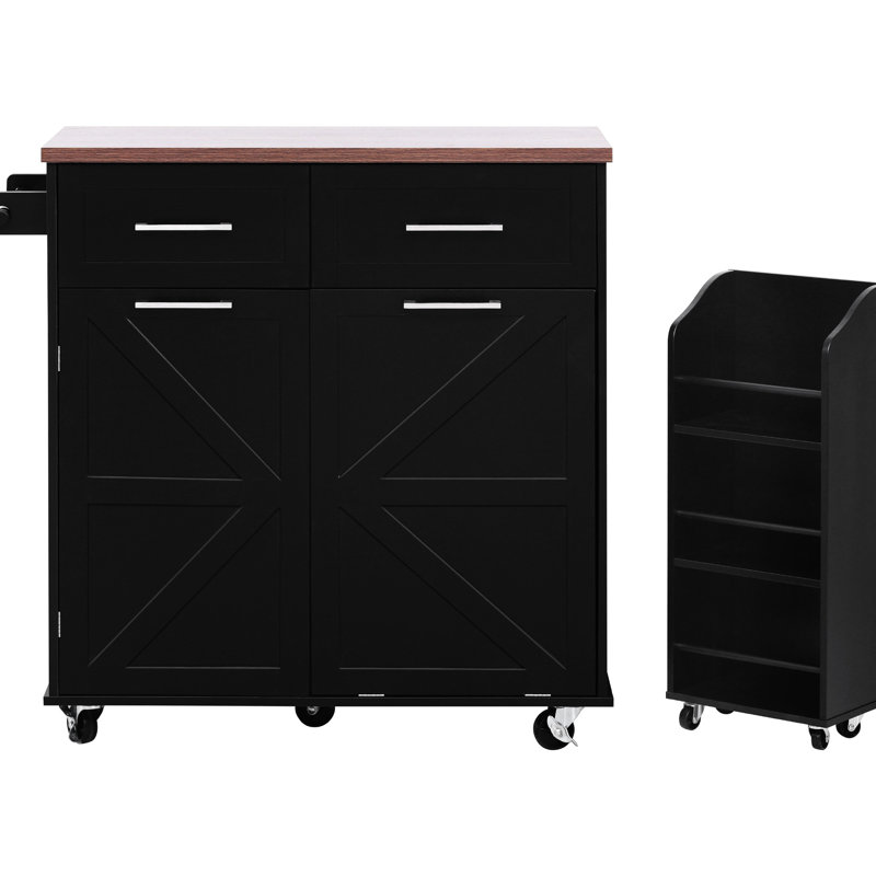 47.2" Kitchen Island, Drop Leaf, Removable Side , Towel Rack, Concealed Tilt Trash Bin Cabinet, Black