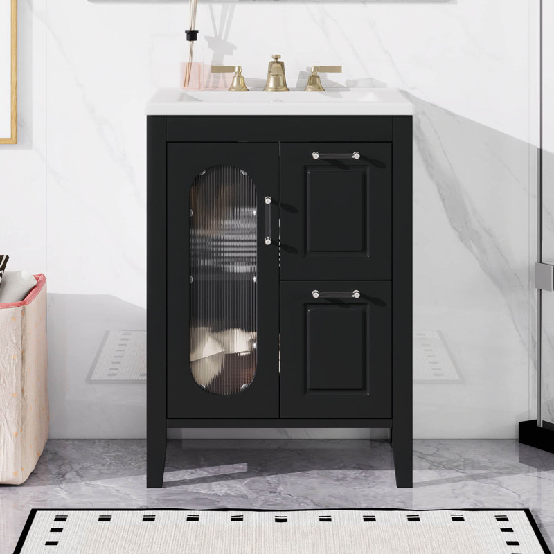 Meuble-lavabo de salle de bain 24 po avec lavabo en céramique, 1 porte en verre, 2 tiroirs à fermeture douce et tablette réglable