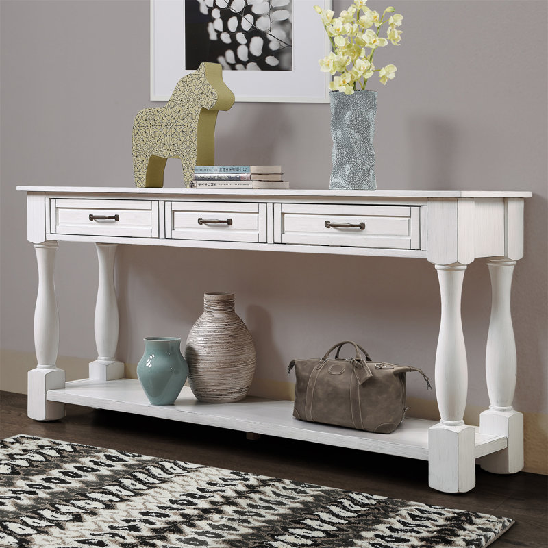 Console en bois de 63 po de long avec 3 tiroirs et 1 tablette inférieure pour le couloir d'entrée, Blanc antique