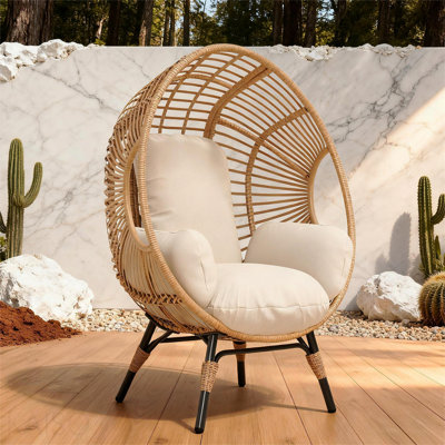 Fauteuil à œufs suspendu élégant avec dossier arqué, balançoire de patio d'une capacité de 400 lb avec coussin de 8 pouces, chaise d'extérieur en rotin pour salon de jardin