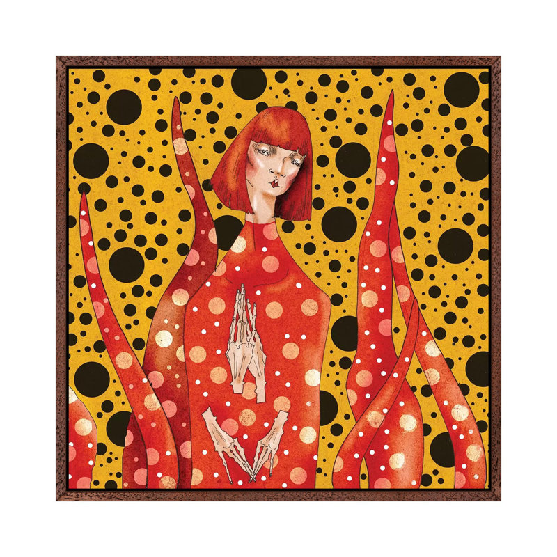 Yayoi Kusama by DEMÖ - Painting on Canvas, Classic Brown Wood Framed, 66.04cm H x 66.04cm W x 3.81cm D
