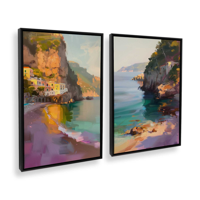 Ensemble de 2 impressions Amalfi Sunset Glow, Cadre flottant noir satiné, 30 po x 20 po