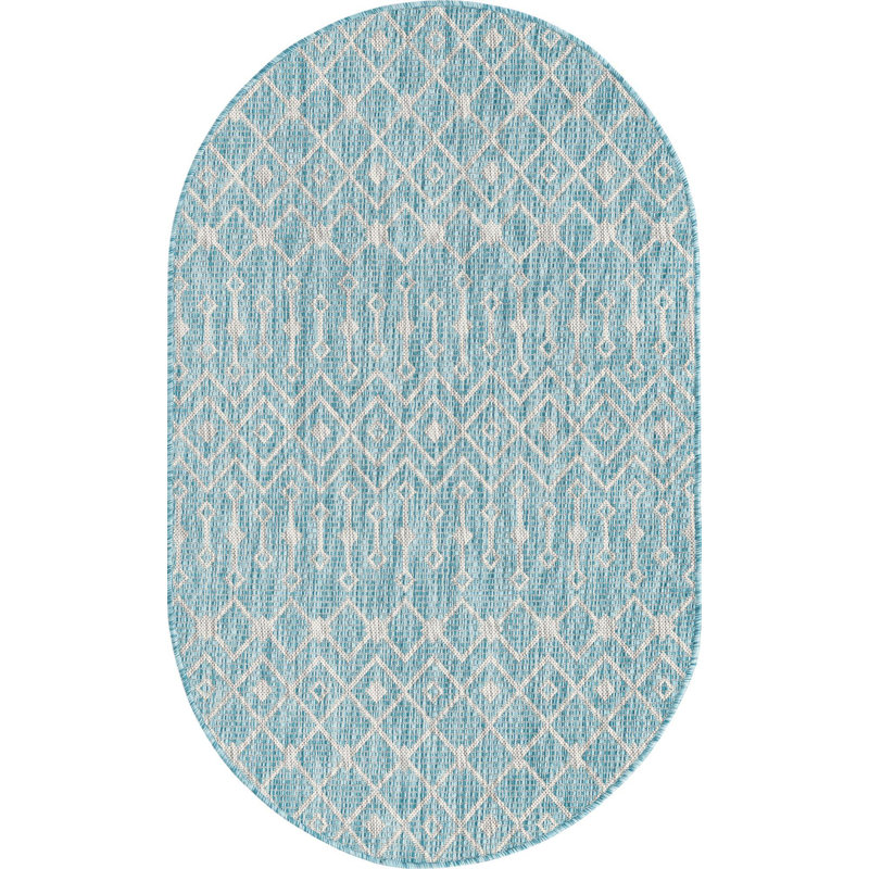 Outdoor Preen Area Rug Blue Green Color, Oval 3'3" x 5'3"