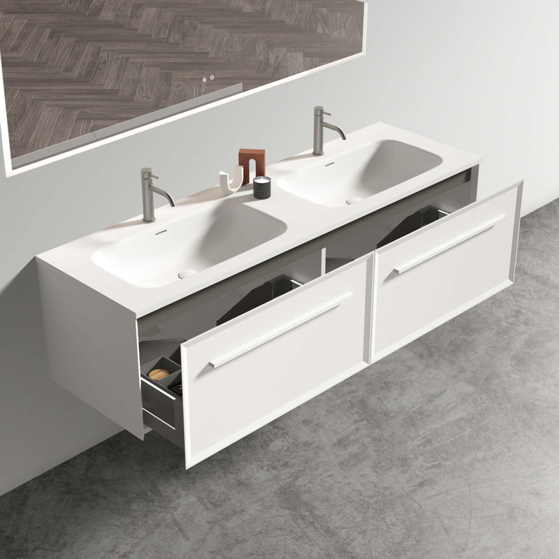 Meuble-lavabo mural moderne avec tiroir à lumière DEL automatique et lavabo intégré, Blanc