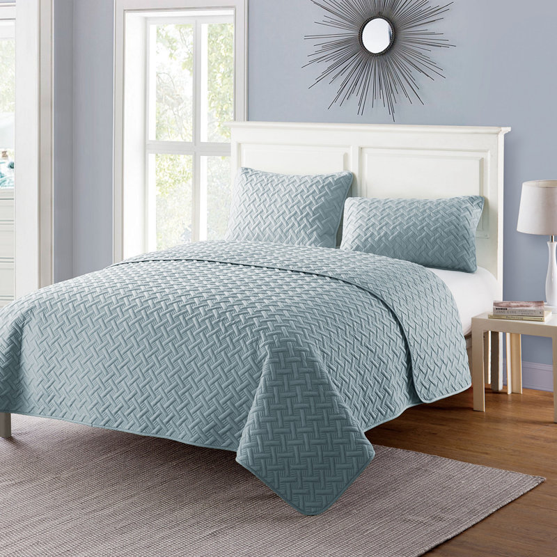 Ensemble de courtepointe à tissage de panier Nina, Couvre-lit double / grand + 2 taies décoratives, Bleu