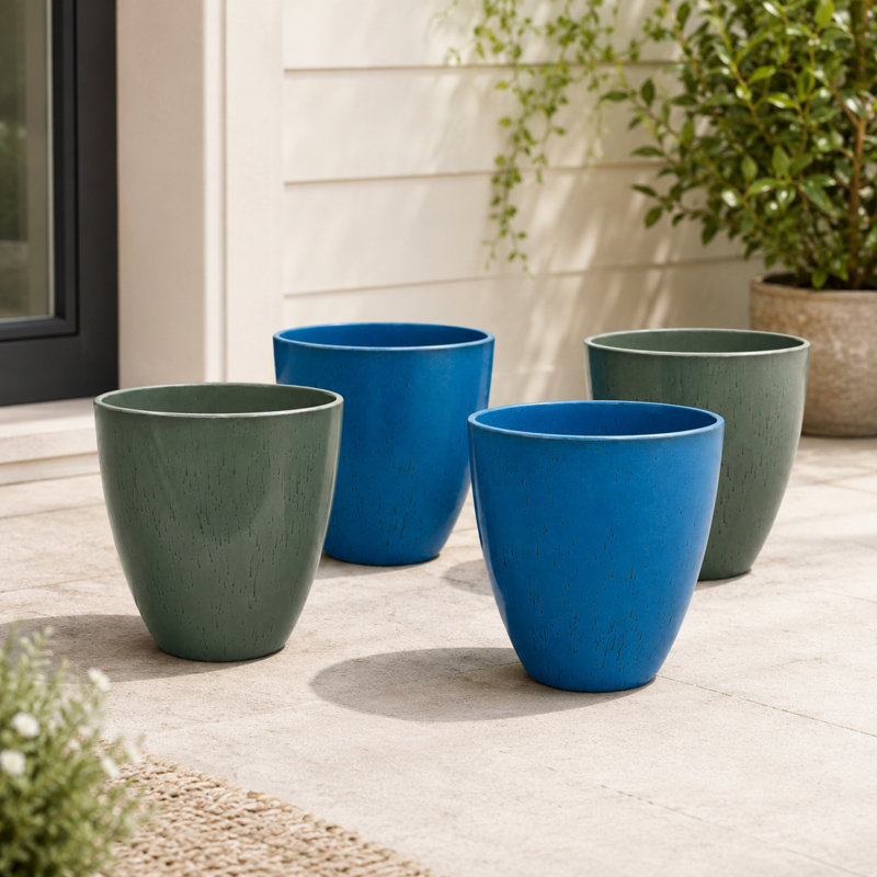 Ensemble de 4 pots à fleurs ronds effilés en résine synthétique moderne avec soucoupes et écrans de drainage, bleu foncé et vert foncé