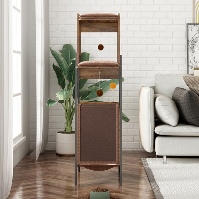 Tour pour chat 58 pouces brun rustique moderne, grand arbre à chat robuste avec planche à gratter, perchoir spacieux, hamac et coussins amovibles pour chats Maine Coon