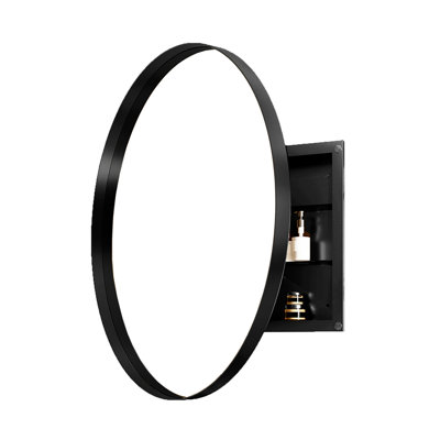31.5 Inch Surface Mount Round Metal Framed Medicine Cabinet With Mirror And Adjustable Shelves Black Wall Mirror With Storage For Bathroom, Matte Black