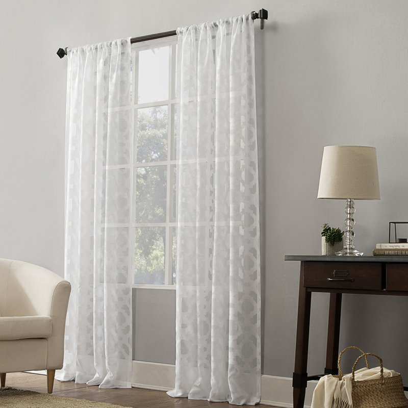Panneau de rideau transparent en jacquard à motif de treillis avec passe-tringle Anuel, Blanc, L 52 po x L 63 po