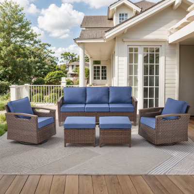 Arundel 5 Person Outdoor Patio Rattan Conversation Set With Swivel Chairs, Cushions Included